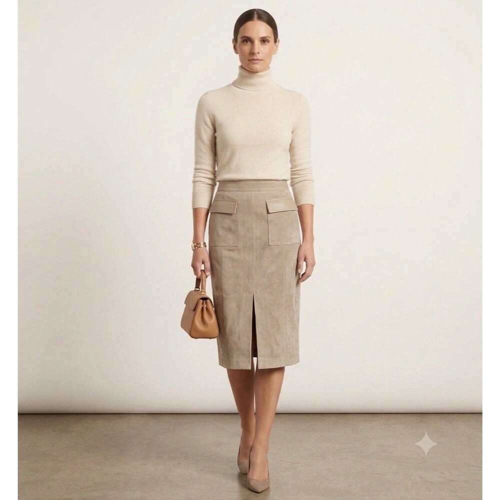 Maeve Faux Suede Pencil Skirt Size 6 Front Slit Pockets Leather Trim